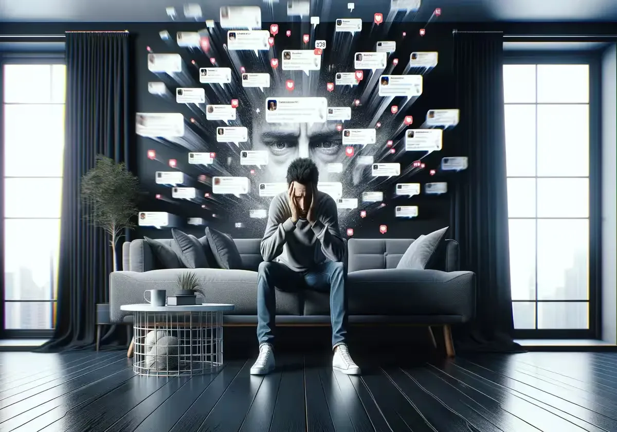 A person sitting with their head in their hands surrounded by dark message notifications