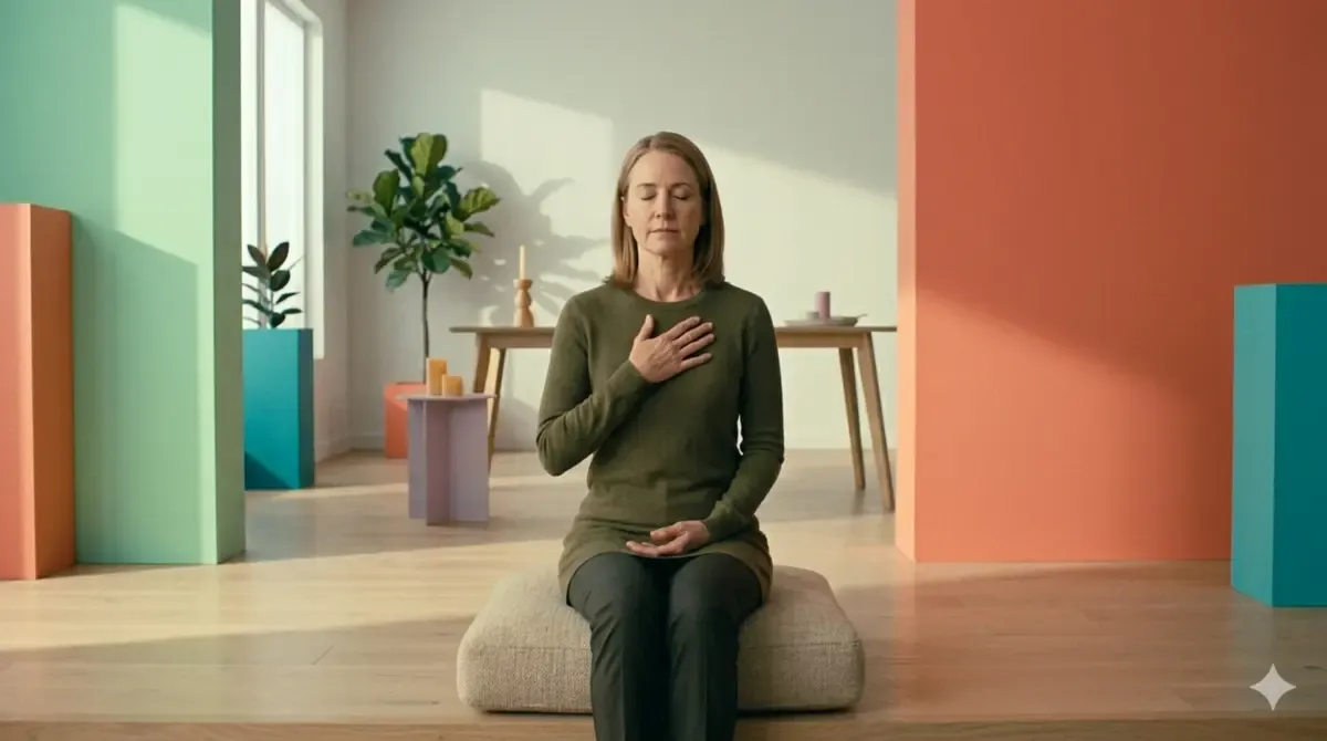A woman sitting cross-legged with one hand resting on her chest, eyes closed