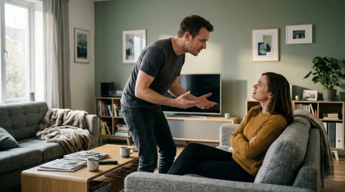 A man standing over a woman on a sofa, gesturing at her while she sits still