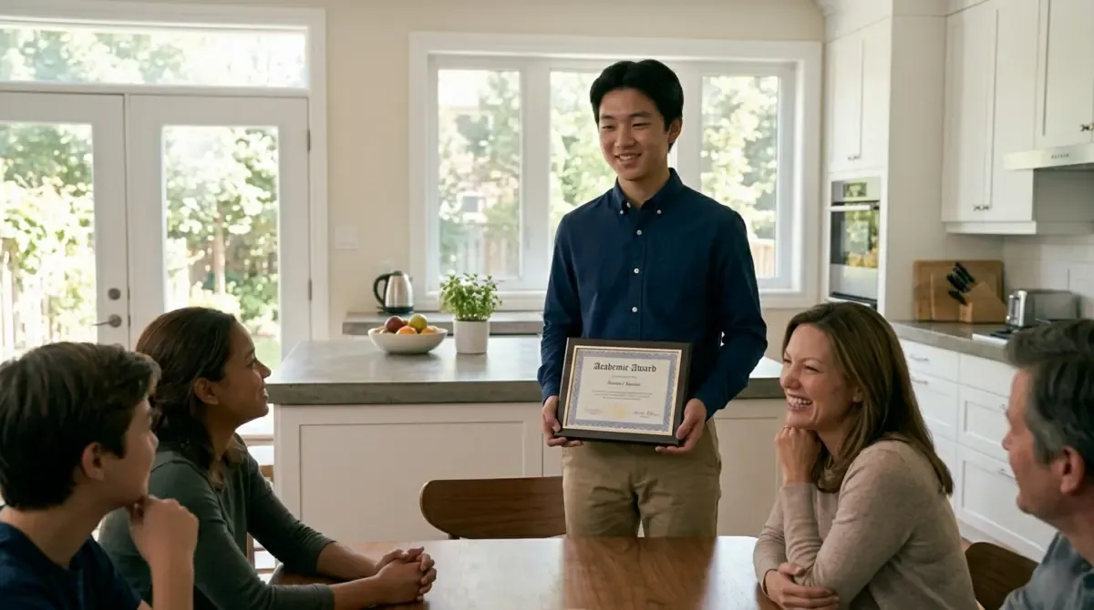 A young man holding an academic certificate while his family applauds at a kitchen island