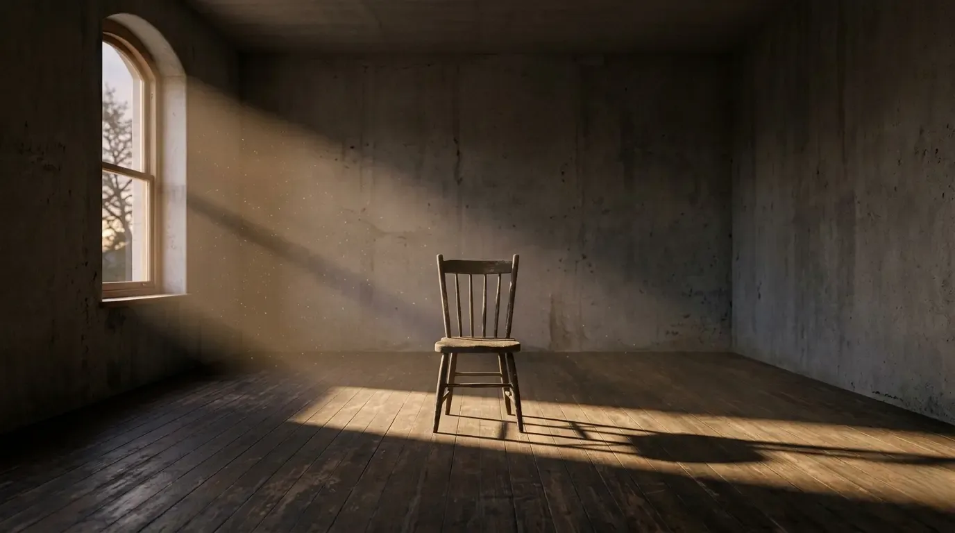 A single wooden chair alone in an empty room lit by a window
