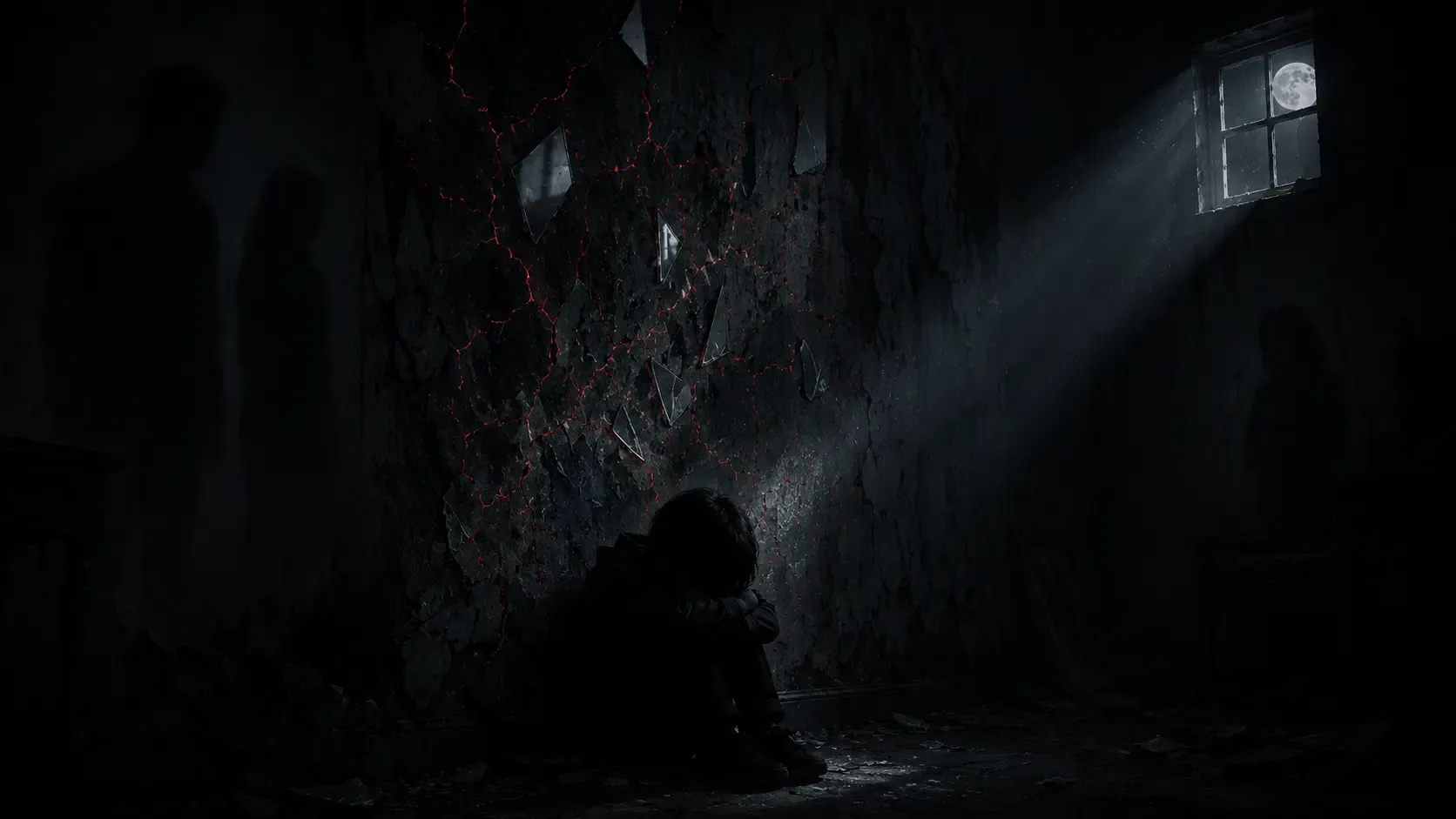 A child huddled in a dark room under a beam of moonlight, with shadowy figures on the wall