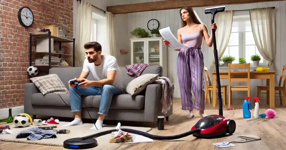 A couple in a living room, one person playing a video game while the other stands with a vacuum cleaner