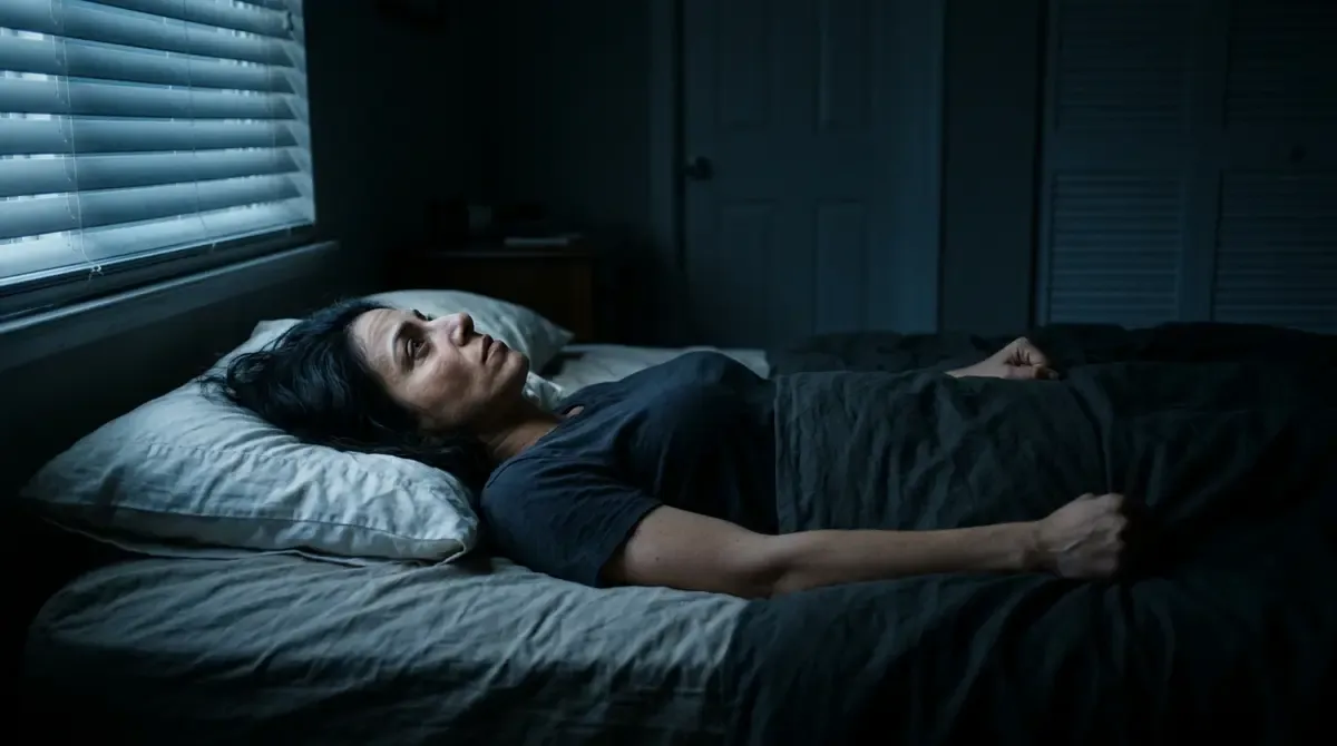 A woman awake in bed at night, lit by a phone screen
