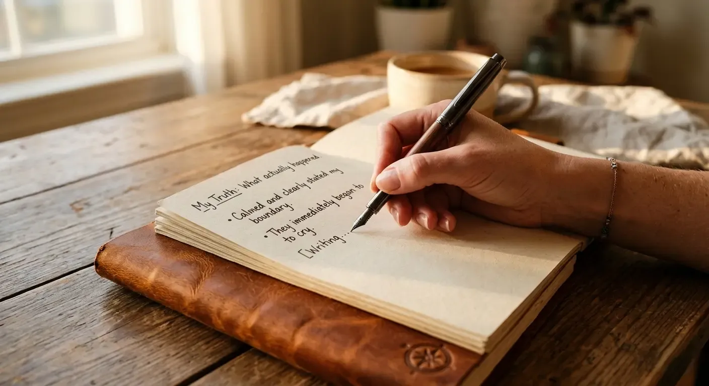 A hand writing in a notebook beside a cup of coffee on a wooden table