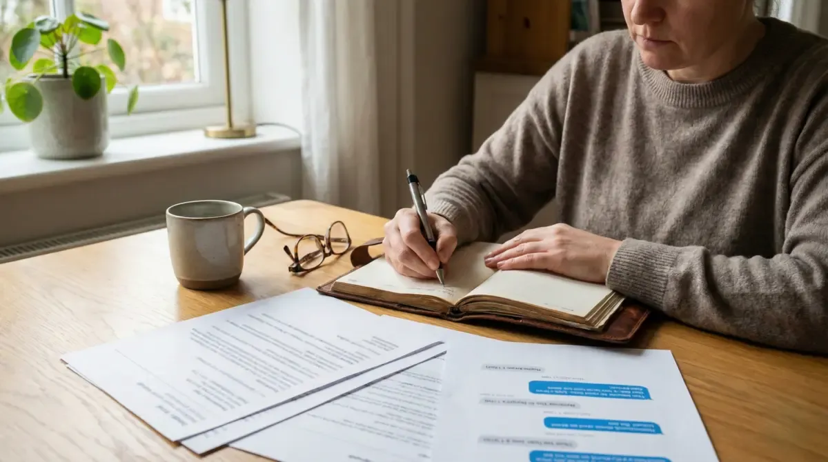 A person writing in a journal at a table with printed message transcripts spread out
