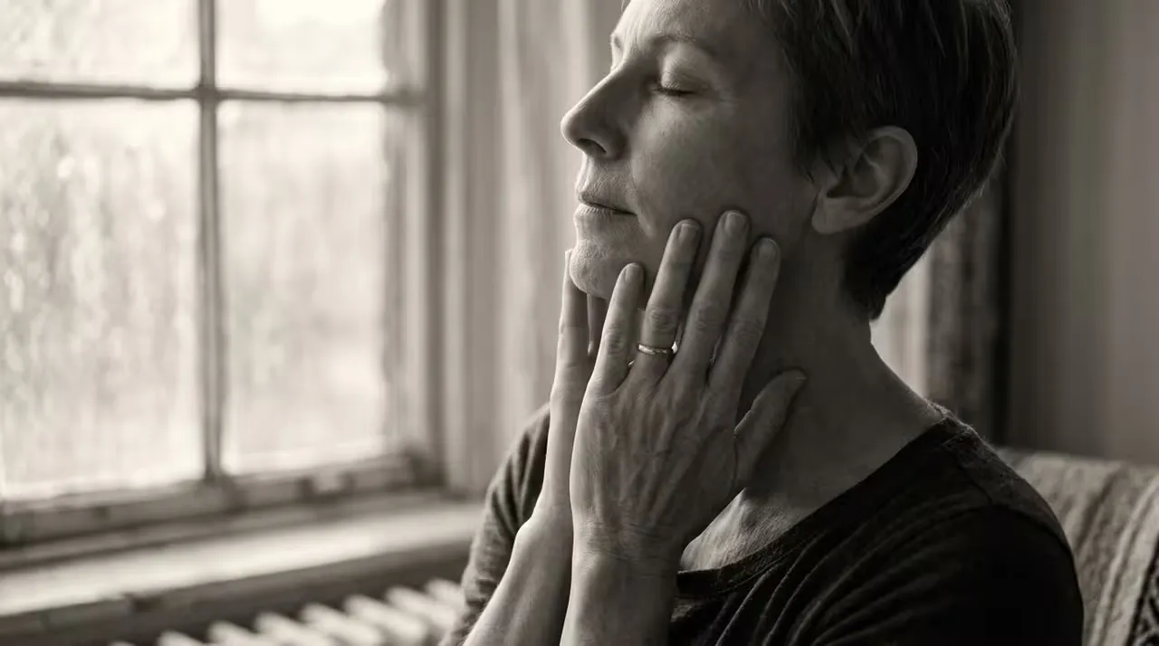 A person sitting by a window with one hand resting against their face, eyes closed