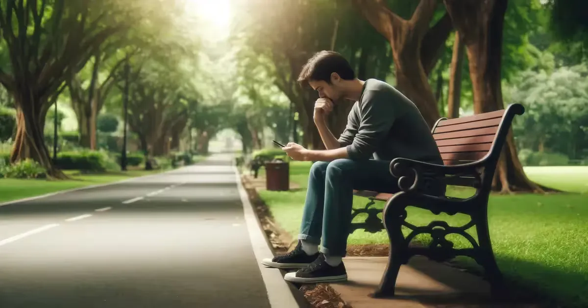 A man sitting alone on a park bench, head lowered, holding a phone