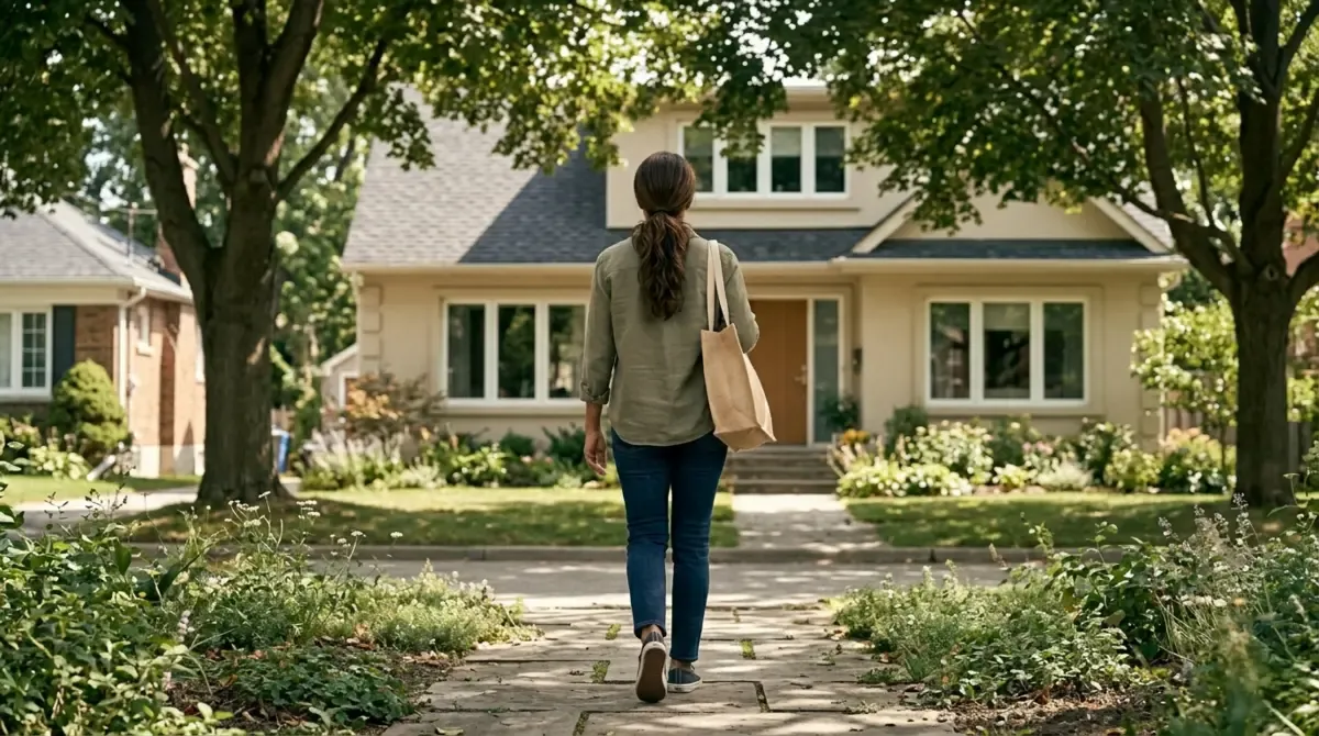 A woman with a bag walking up a path toward a house