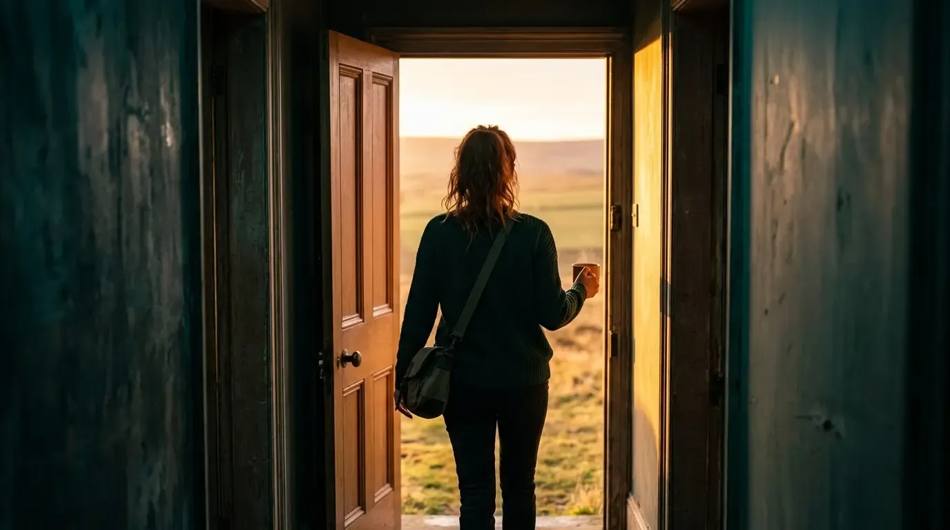 Person walking from darkness toward open door with warm light, representing recovery journey