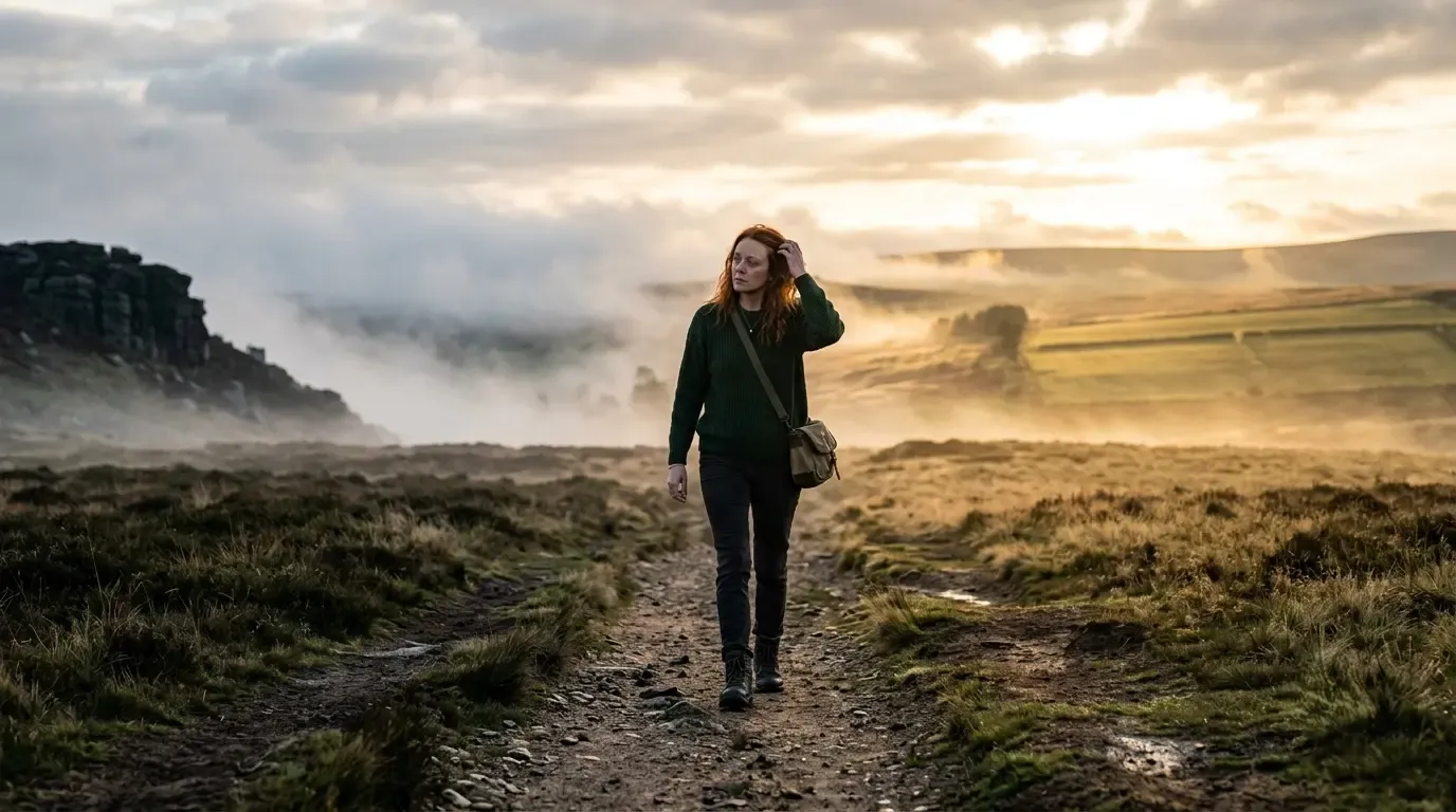 A person walking alone on a path through early morning mist, representing the quiet forward motion of healing without knowing the destination.