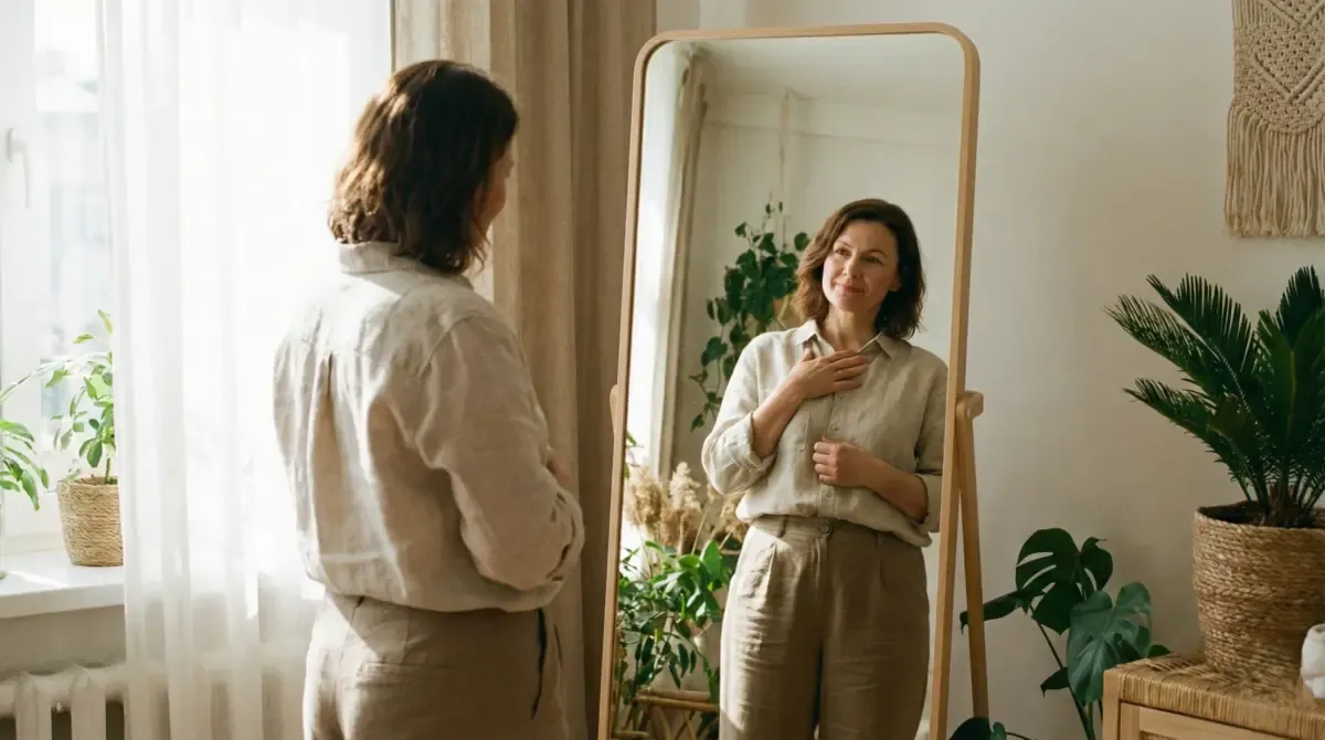 Woman looking at reflection in mirror with compassionate expression symbolizing inner boundaries and self-worth recovery