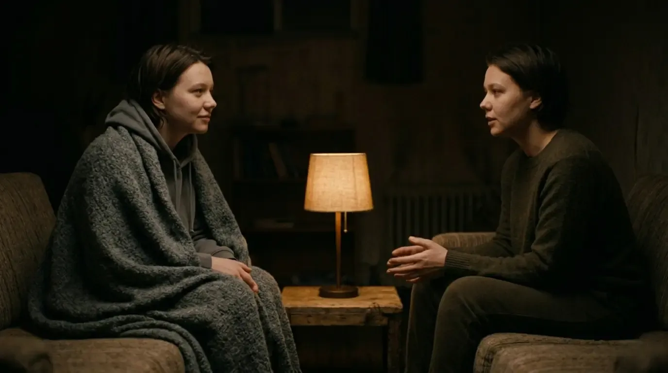 Two people sitting together in a warmly lit room, one listening while the other talks