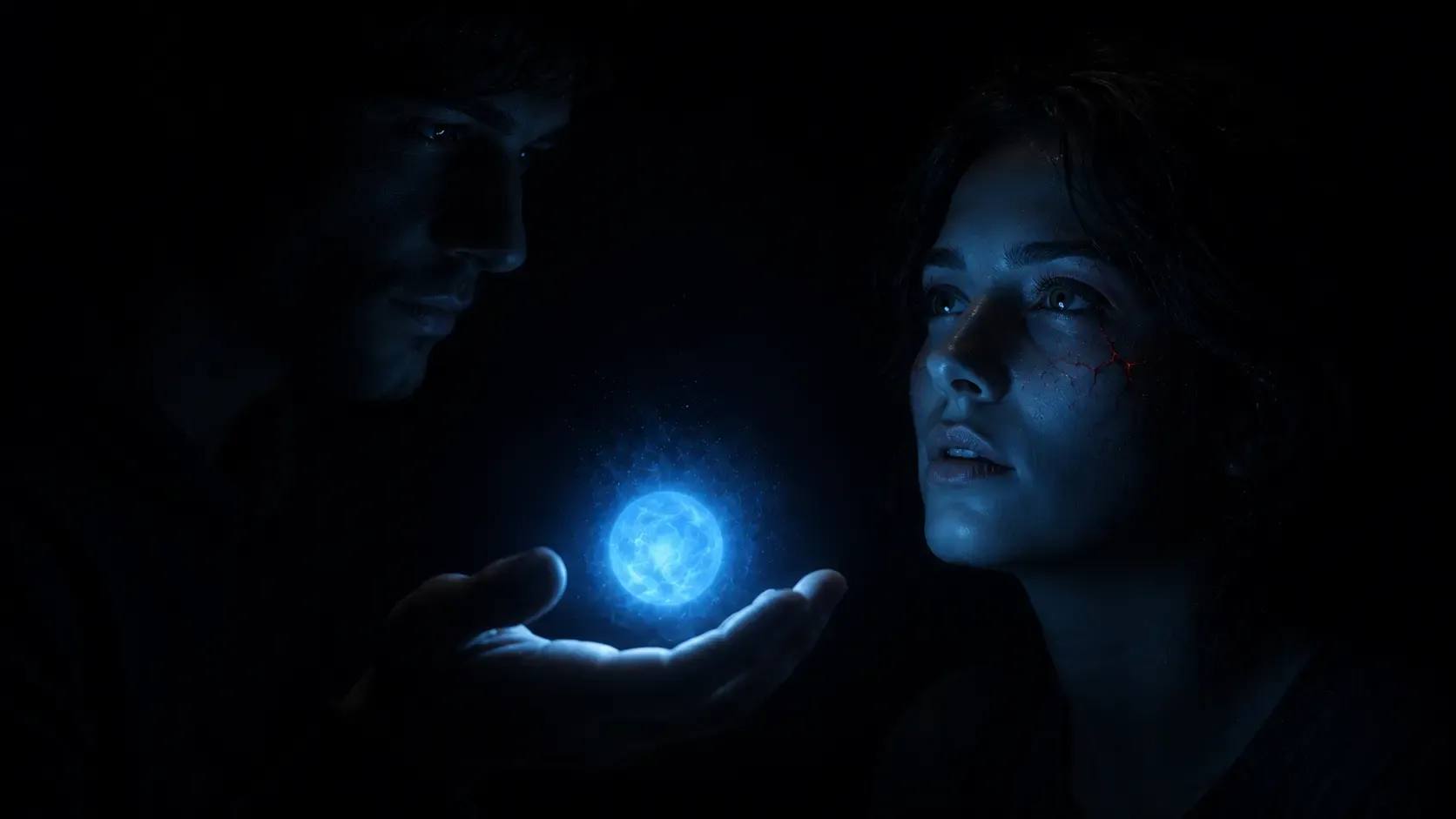 A man holds a glowing blue orb between himself and a woman with red markings on her, representing targeted manipulation