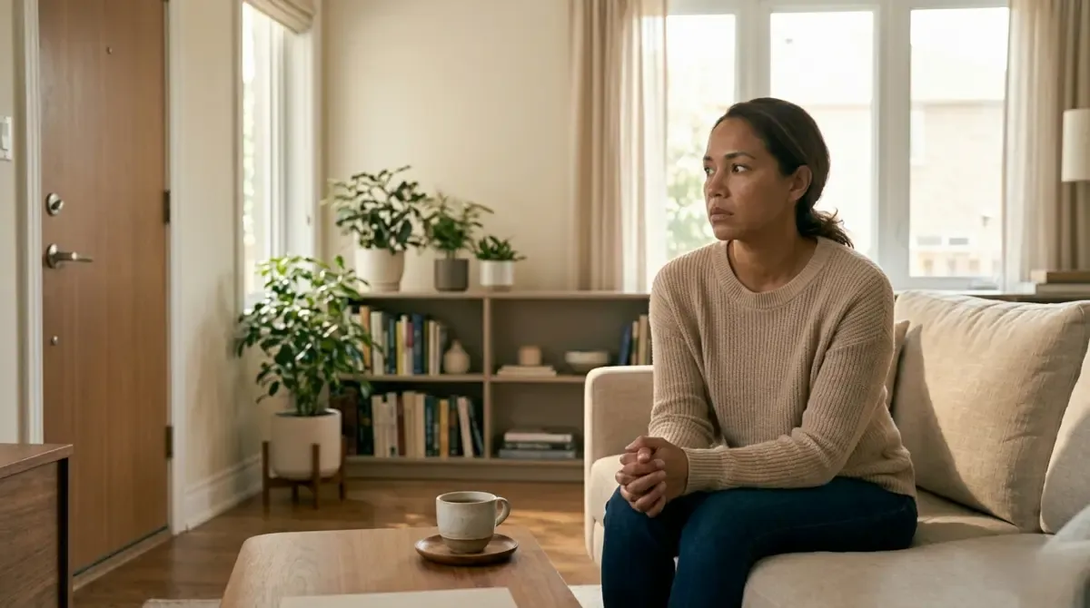 A woman sitting alone on a sofa, alert, looking toward something out of frame