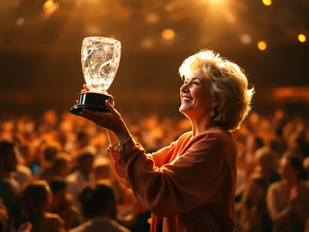 A woman holding up a trophy in front of a large audience