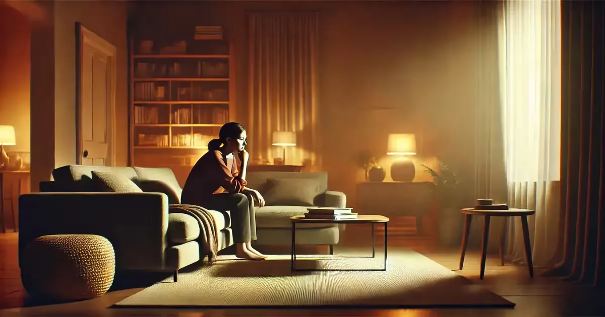 A woman sitting alone in a warmly lit living room