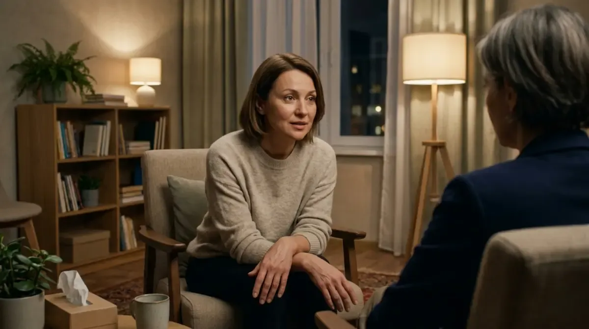 A woman sitting in an armchair talking to a therapist in a lamplit room