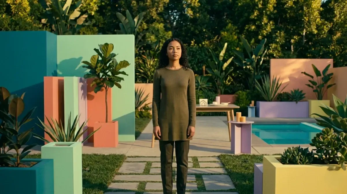 A woman standing alone on a garden path in evening light, composed