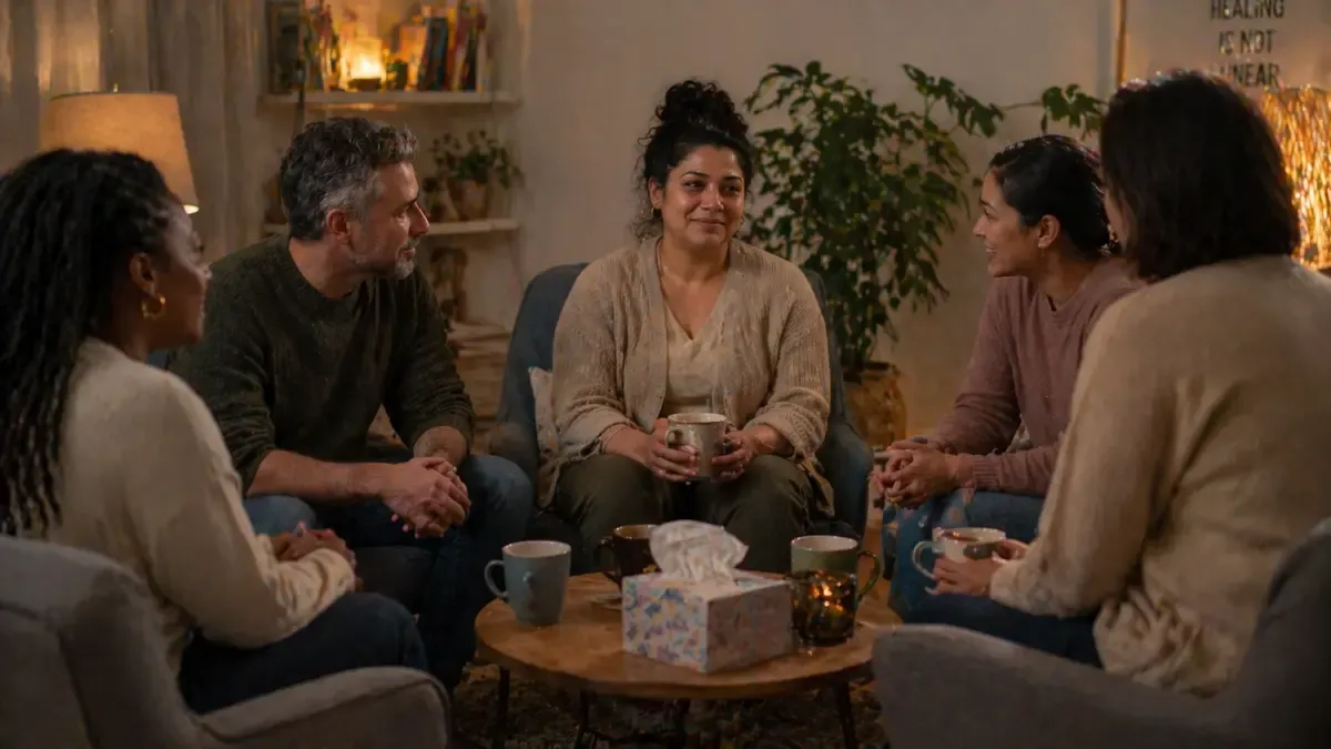 A support group sitting in a circle of armchairs with cups of tea