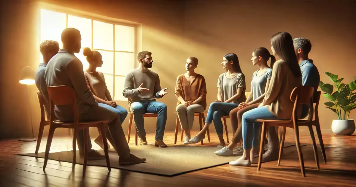 Image portrays a warm and supportive environment where individuals engage in healing and recovery