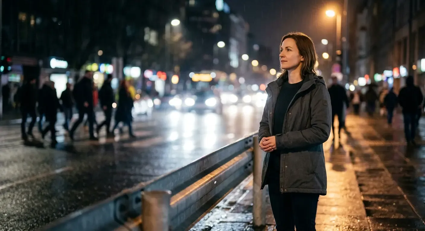 A woman standing alone beside a busy wet city street at night